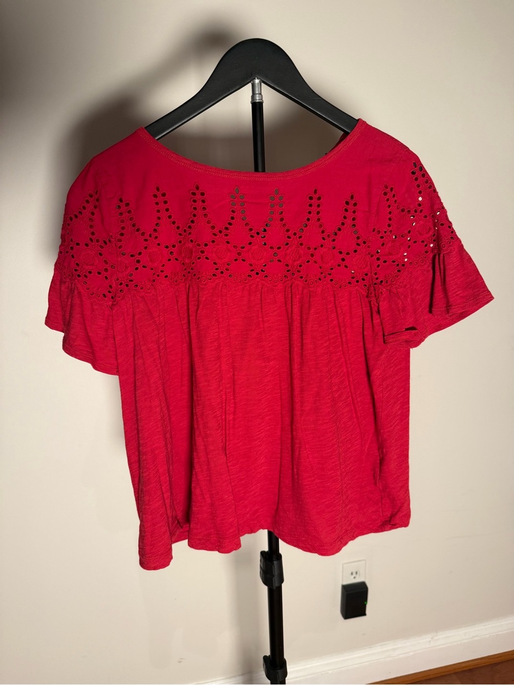 J. Crew Red Eyelet Yoke Ruffle Sleeve Top